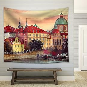 Sunset Roof House Old City Autumn Prague Czech Republic - Fabric Wall Tapestry Home Decor - 51x60 inches