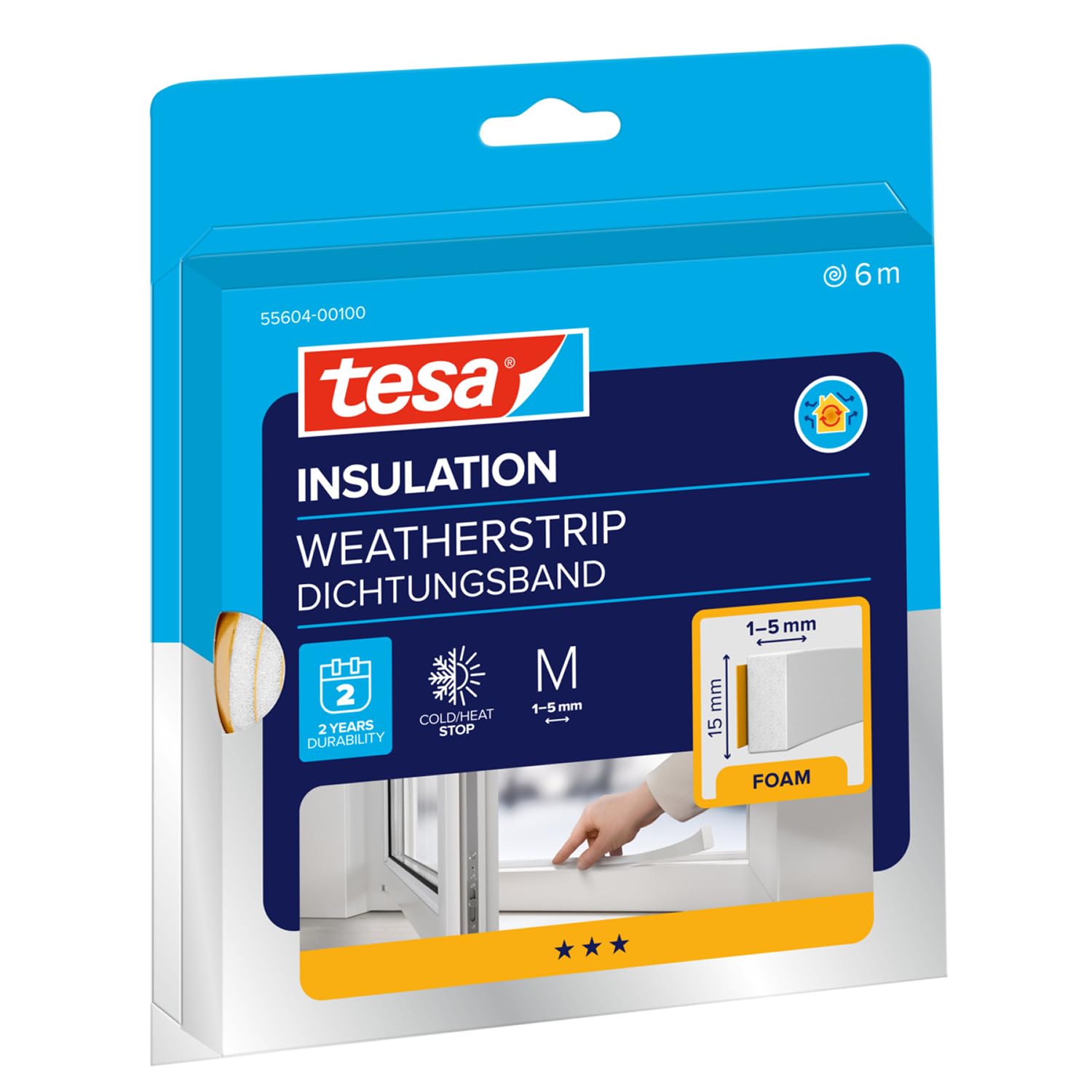 tesa INSULATION Weatherstrip - Sealing Tape M - Foam Seal for Insulating gaps in the home, Self-adhesive - White - 6 m x 15 mm x 5.5 mm