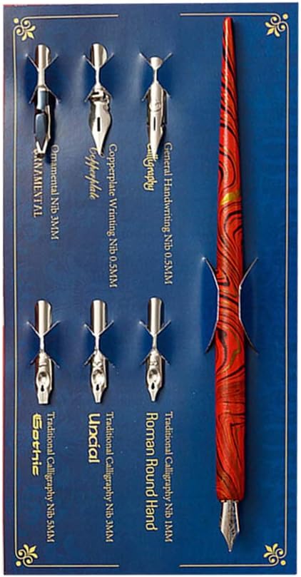Marble Wood Calligraphy Dip Pen Holder with 6 Nibs for Lettering Skiching and Calligraphy -Red