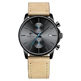 GOLDEN HOUR Fashion Minimalist Analog Chronograph Watches for Men with Brown Leather Strap,Auto Date in Blue Hands