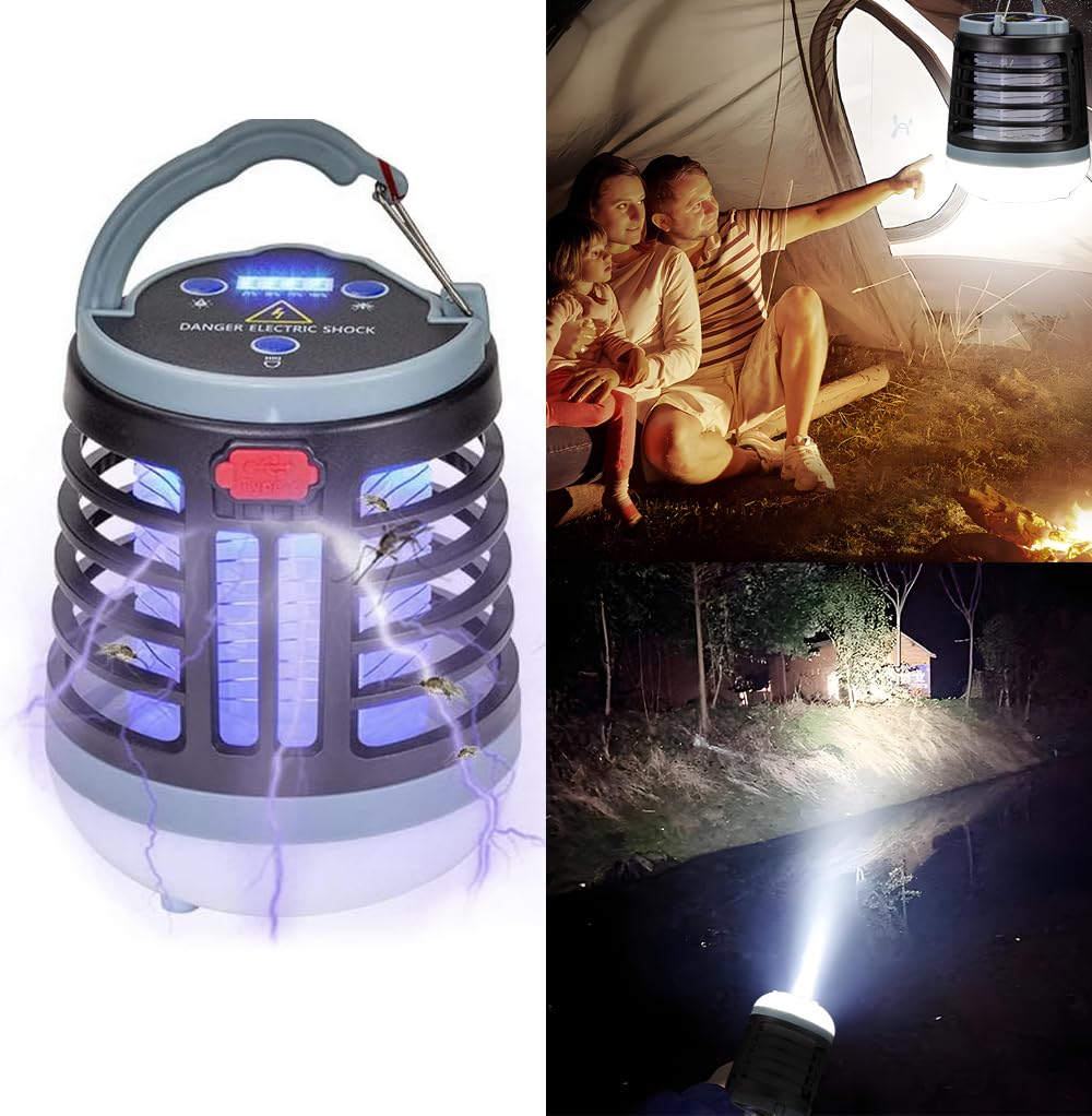 Portable Bug Zapper, Electric Rechargeable Mosquito Killer Camping Lamp, 2 in 1 Indoor/Outdoor Multifunctional Fly Killer Lights, IPX4 Waterproof Tent Light for Travel, Patio, Home, Garden, etc.