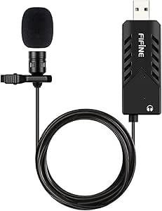 USB Lavalier Lapel Microphone, Fifine Clip-on Cardioid Condenser Computer Mic Plug and Play USB Microphone with Sound Card for PC and Mac-K053
