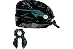 FVQL Surgical Cap with Hair Scrunchy, Bouffant Cap with Sweatband, Dinosaurs Skeleton, Reusable Scrub Hat