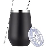 MEWAY 12oz Wine Tumbler Glasses with Lid and Straw - Stemless Double Wall Vacuum Stainless Steel Tumbler Keeping Cold & Hot for Wine,Drinks - Family and Gifts, Ideal for Travel and Office(Black,1)