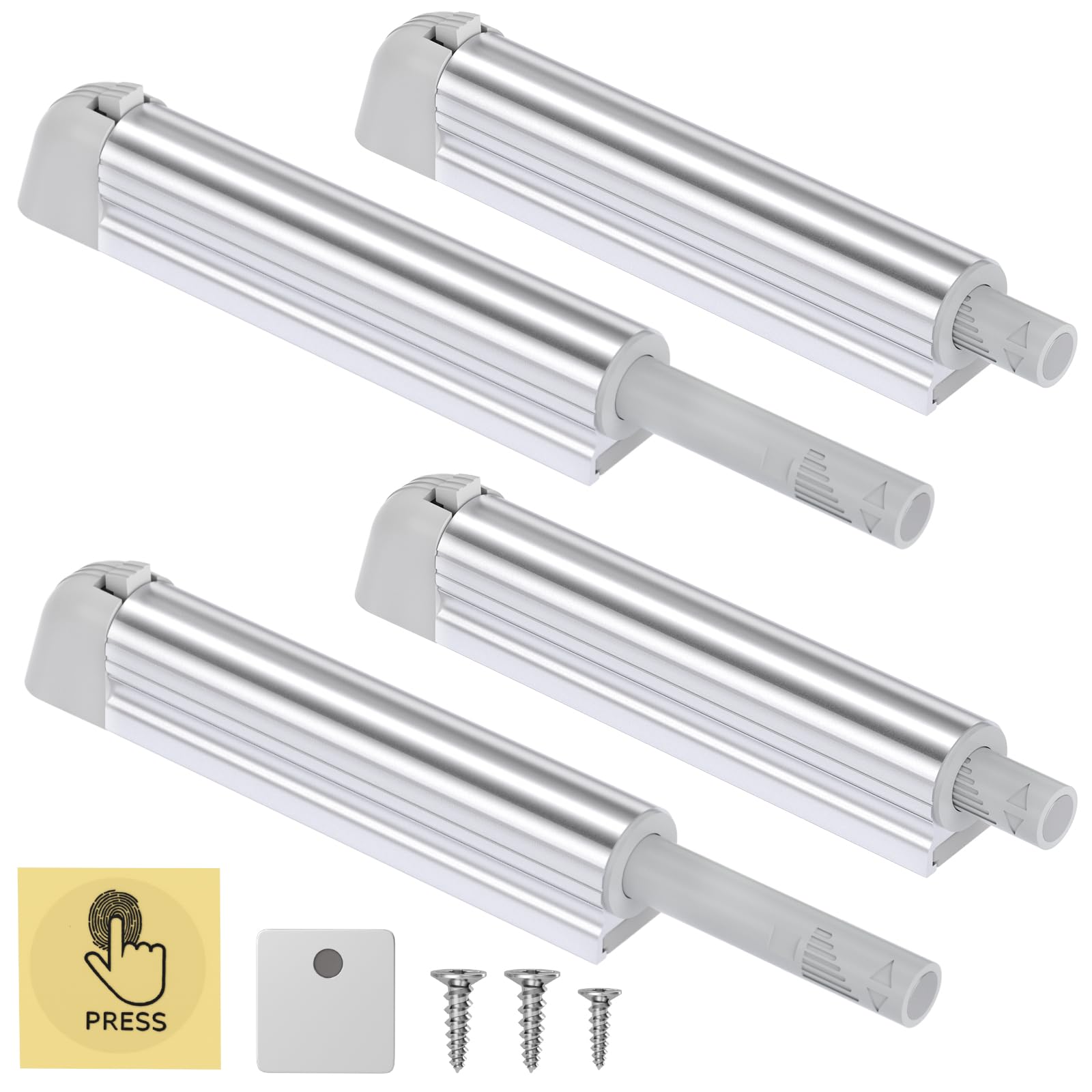 Jiayi Push Latches 4 Pack Cupboard Push Open Door Latch Magnetic Touch Open Catches for Kitchen Cabinet Push Release Door Catch Silver Push Open Door Catches