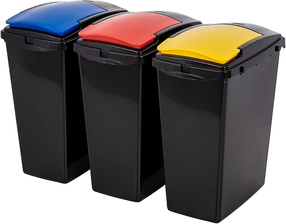Addis 40 Litre Interlocking Recycling Bins Set of 3 Red Yellow Lids UK Made