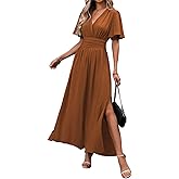 AlkYutd Women's Deep V Neck Maxi Dress Summer Ruffle Short Sleeve Slit Long Dress