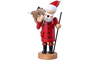 PIONEER-EFFORT Wooden Incense Smoker Figurine 8.4 Inch - Handcrafted Santa Claus with Pipe & Gift Sack, Rustic Christmas Tabletop Decoration for Home or Office Display