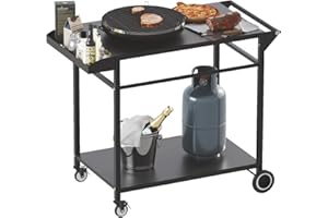 Koutemie Outdoor Grill Cart Table with 4 Wheels for Blackstone 17" or 22", Movable BBQ Food Prep Table Top, Double-Shelf Metal Pizza Oven Worktable with Spice Tray for Patio, Backyard, Black