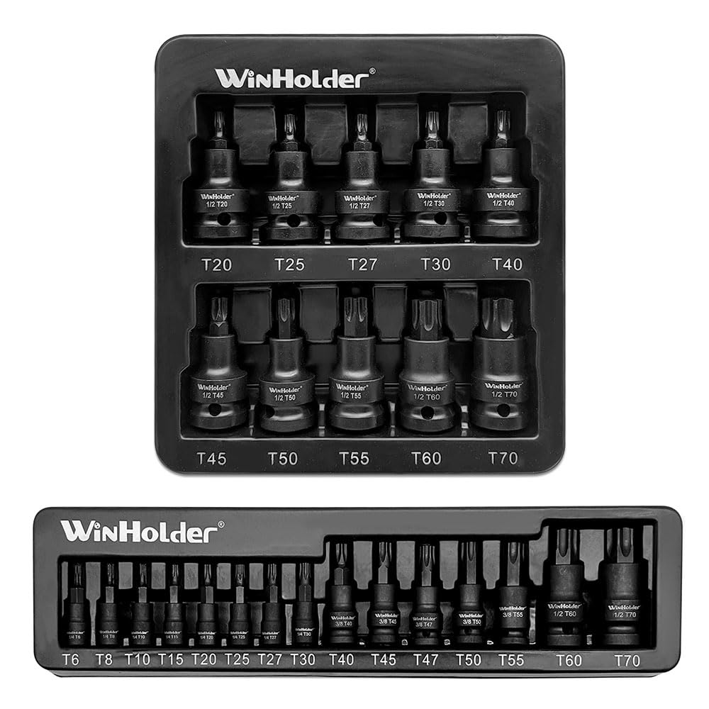 WinHolder 25pcs Impact TORX Star BIT Sockets 1/2'' Drive T20 to T70 & Impact Torx Bit Socket Set 1/4" 3/8" 1/2" T6-T70 TRX-Star Car Garage Repair Tool Kit