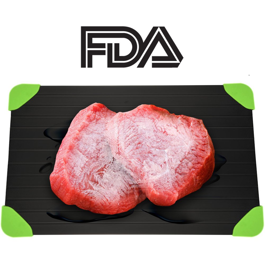 Rapid Defrosting Tray For Fast Thawing Meat Or Frozen Food-Safety, Economic, No Electricity, No Lost Food Flavors, With Green Silicone Border