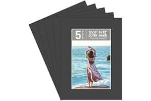 Golden State Art, Pack of 5 Acid Free Bevel Cut 4-Ply Thickness White Core Picture Mats for Photos (Black, 12x16 for 8x12 Pho