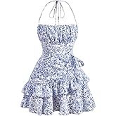 Narecte Summer Dresses for Women,Tie Halter Mini Dress,Floral Print Short Dress,Ruffle Trim Casual Dresses