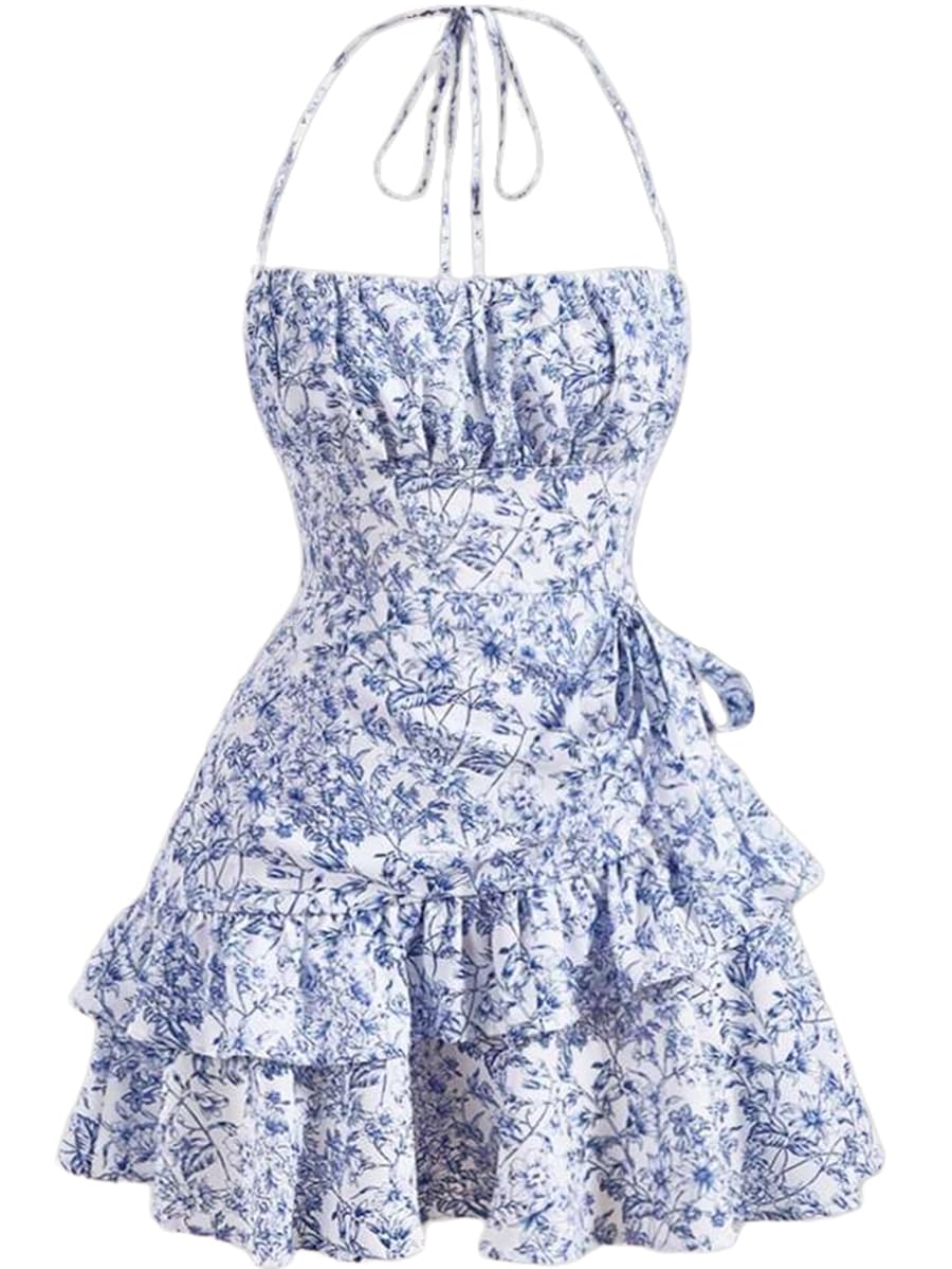 Photo 1 of *** ZIPPER IS BROKEN****    Narecte Summer Dresses for Women,Tie Halter Mini Dress,Floral Print Short Dress,Ruffle Trim Casual Dresses Blue S