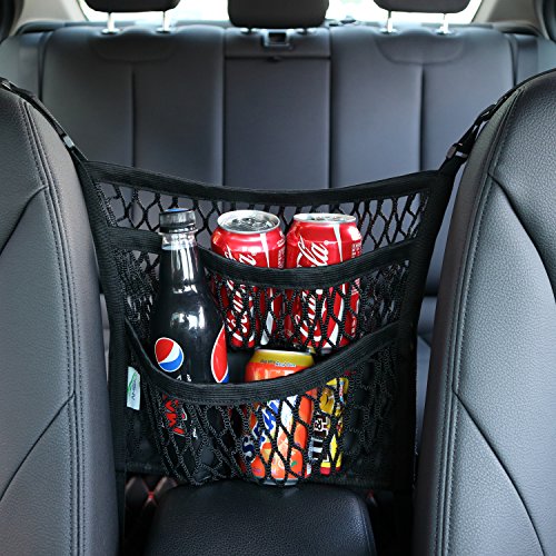 AMEIQ 3-Layer Car Mesh Organizer with Leather Box, Seat Back Net Bag, Barrier of Backseat Pet Kids, Cargo Tissue Purse Holder, Driver Storage Netting Pouch. (3 Optional Styles)