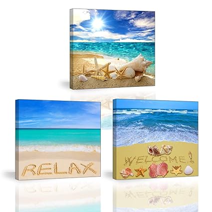 Piy Painting 3x Impression Giclée Sur Toile De Plage Coquillages Soleil Tableau Paysages Docéan Bord De Mer Tendue Sur Châssis En Bois Pour Déco