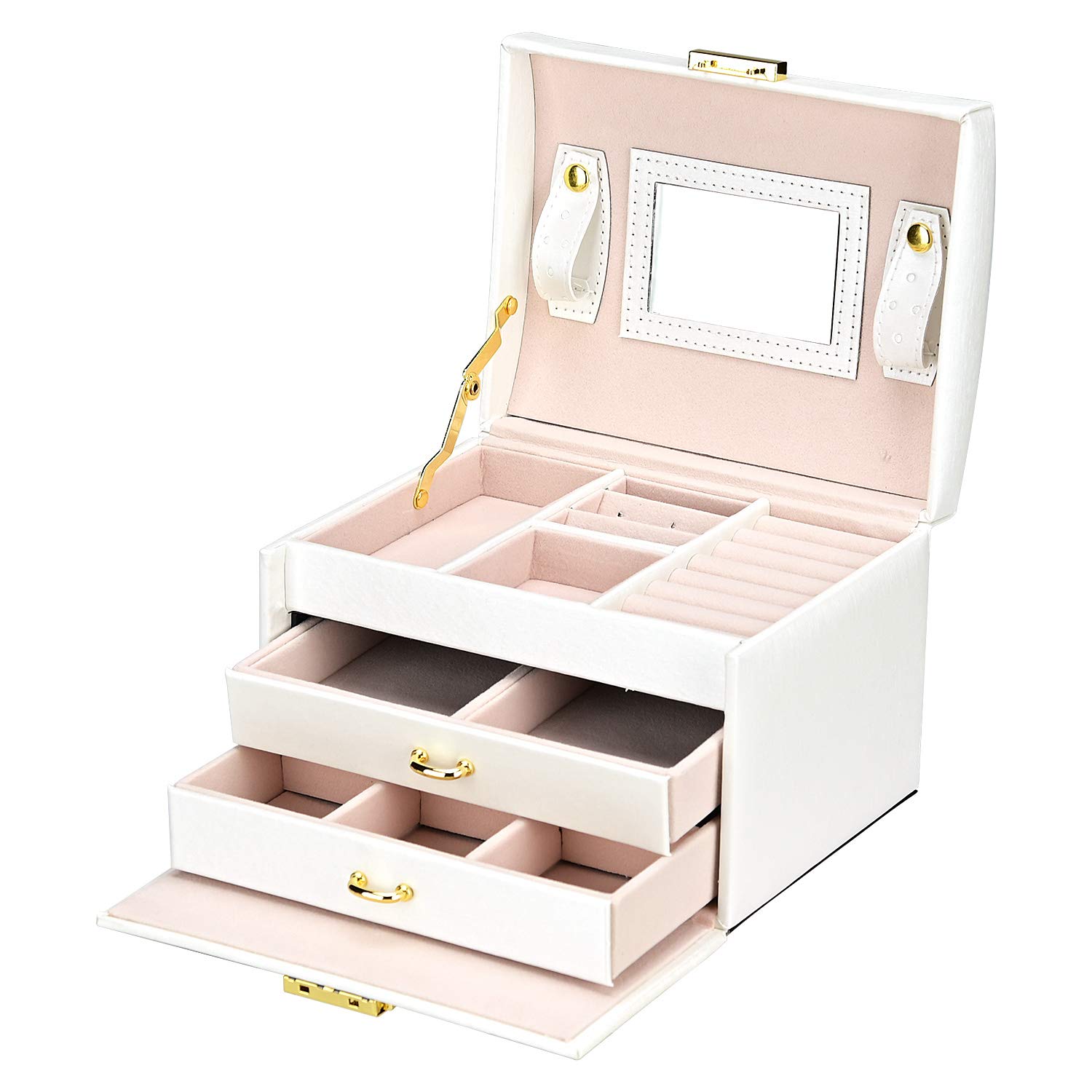 Podazz Travel Jewellery Box with Lock and Mirror | 3-Tier Portable Jewellery Storage Case for Women | PU Leather Jewelry Box for Earrings Necklaces Rings Bracelets | Gift for Mother's Day - White