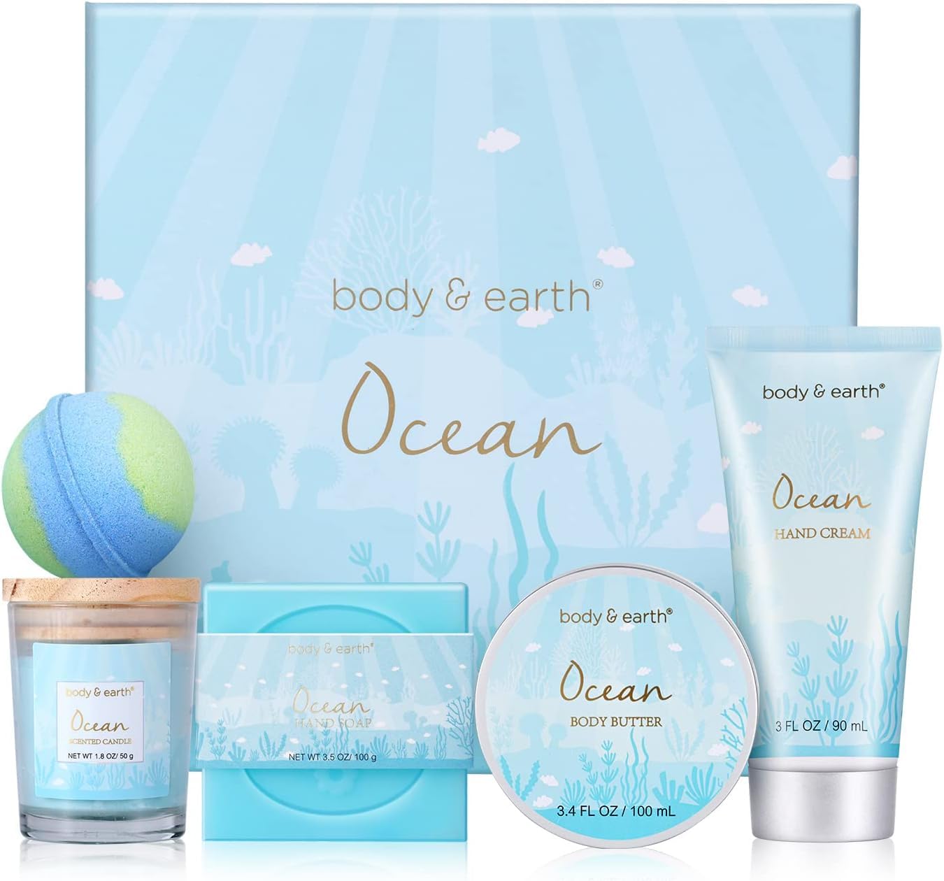 BODY & EARTH Pamper Gifts for Women, 5 Pcs Ocean Bath Spa Gift Set Includes Scented Candle, Body Butter, Gift for Mum Birthday Gift Sets Christmas Mothers Day Gifts Valentine Gifts for Women