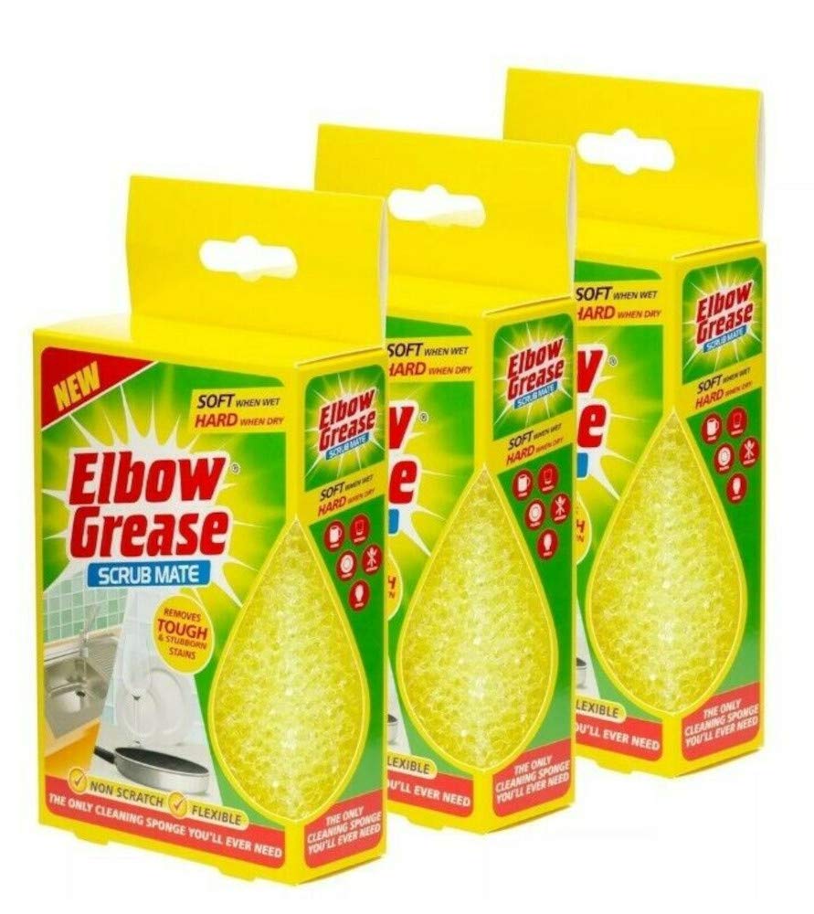 Elbow Grease Scrub Mate (THREE PACKS) - Cleaning Sponge - Yellow - Plastic Handle - Variable Firmness - 3 Count - 13.5 x 9 cm