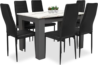 Blisswood 140cm Dining Table 4 Chairs PU Leather White Marble Grey