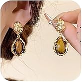 Brown and Gold Earrings Crystal Teardrop Dangle Drop Chunky Earrings for Women Natural Stone