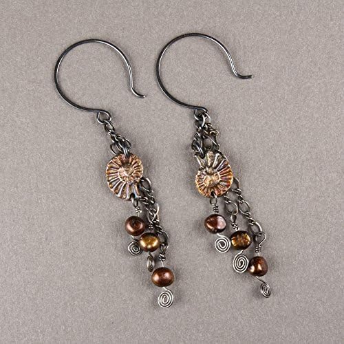 Ammonite Dangle Earrings, Sterling with Bronze-colored Pearls