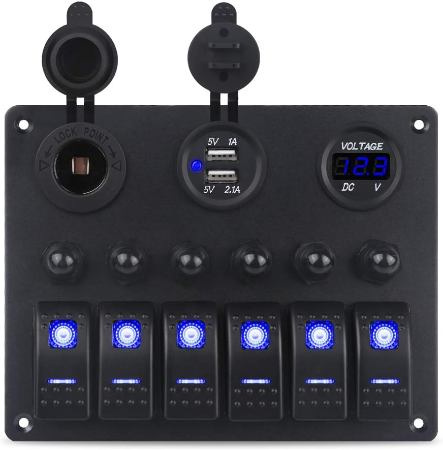 WATERWICH Marine Boat Car 6 Gang ON-Off Ignition Waterproof Toggle Rocker Switch Panel with12V/24V Circuit Breaker LED Voltmeter Car Charger for RV Vehicle Truck (Switch Panel): Automotive