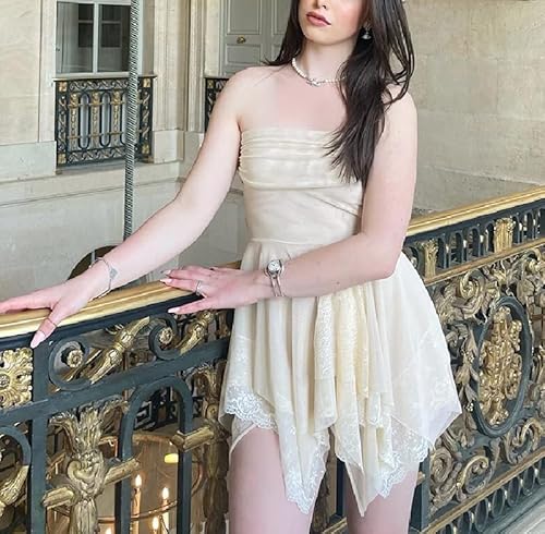 Women Fairy Vintage Lace Mini Dress Ruffle V Neck Spaghetti