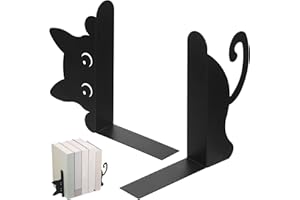 Peeping Cat Metal Bookends Set of 2, Cute Book Ends for Shelves Decorative, Black Cat Book Stopper for Heavy Books, Home Offi