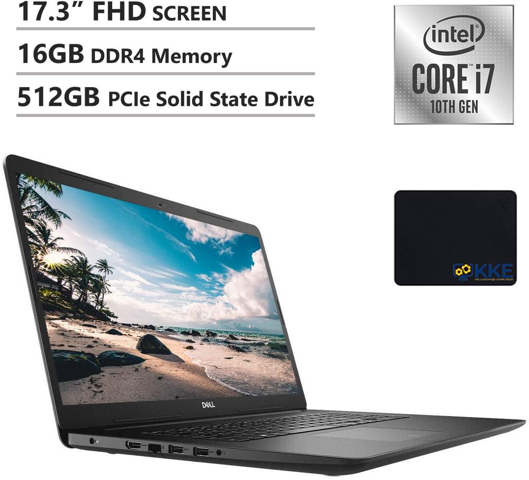 Dell 2020 Inspiron 17.3'' FHD Laptop, Intel i7-1065G7, 16GB DDR4 Memory, 512GB PCIe Solid State Drive, HDMI, WiFi, Webcam, DVD Drive, Black, KKE Mouse Pad, Win 10 Home