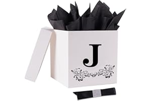 Jaywayang Letter Gift Box with Lid, Ribbon and Warpping Tissue, 8.7" White and Black Gift Box for Men Women Birthday, Baby Shower, Anniversary, Wedding Party Favor Christmas Decorative (Medium Letter J)
