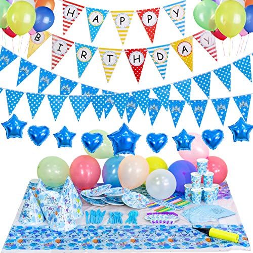 Birthday Party Supplies and Party Decorations All-in-One Pack with Foil Balloons by Party Accessories Superhero Colorful flags And party tableware (Over 100 PC) (Boy ,Blue)