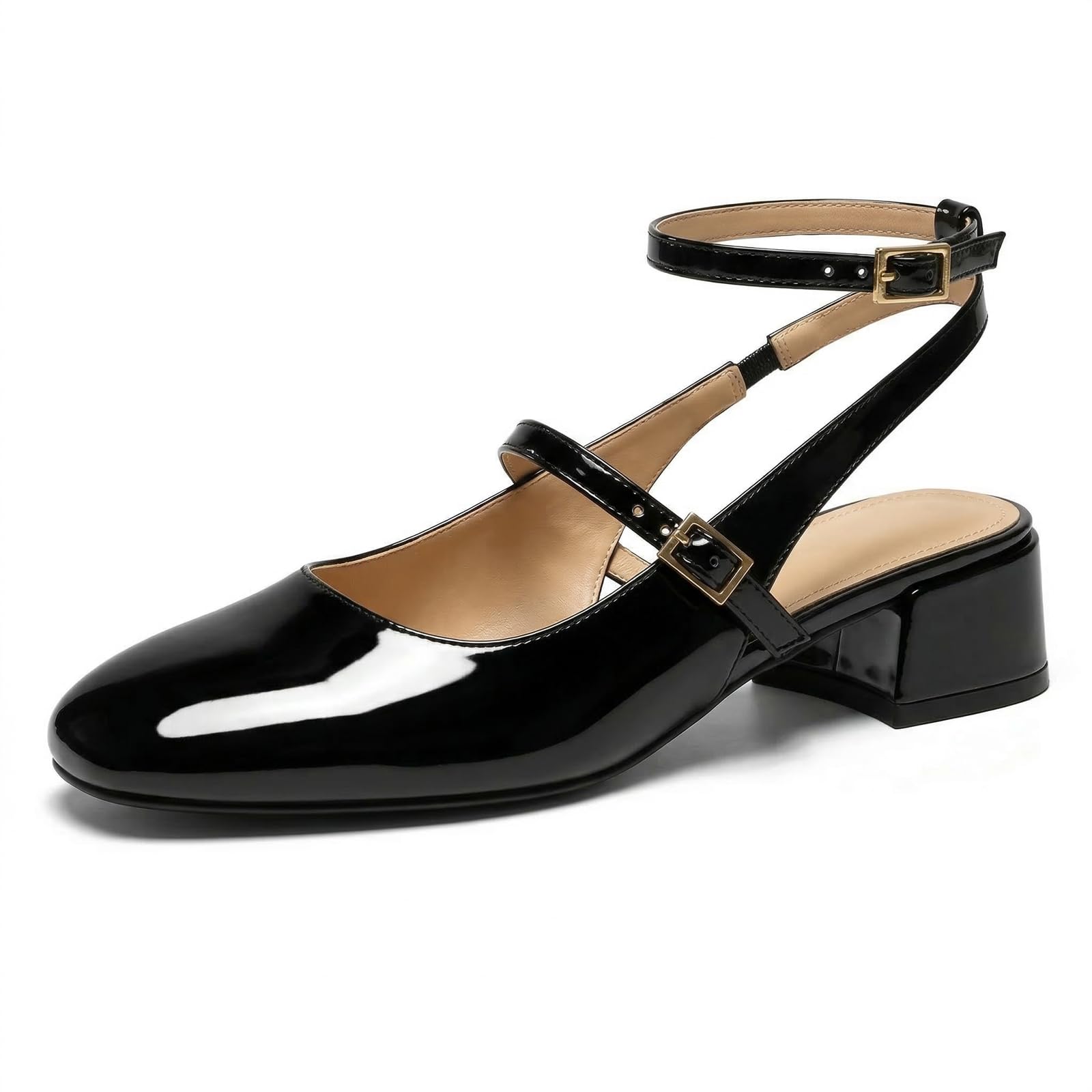 Photo 1 of GotSoft Womens Square Toe Mary Jane Pumps Chunky Low Heels Ankle Strap Slingback Wedding Party Dress Shoes, Black, Size 7