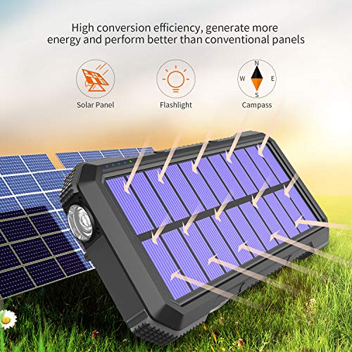 20,000mAh Solar Power Bank,18W PD & QC 3.0 Portable Solar Charger, 10W/7.5W/5W Fast Wireless Qi Battery Pack with 4 Outputs & 2 Inputs, IPX5 Waterproof, Built-in Compass and Flashlight