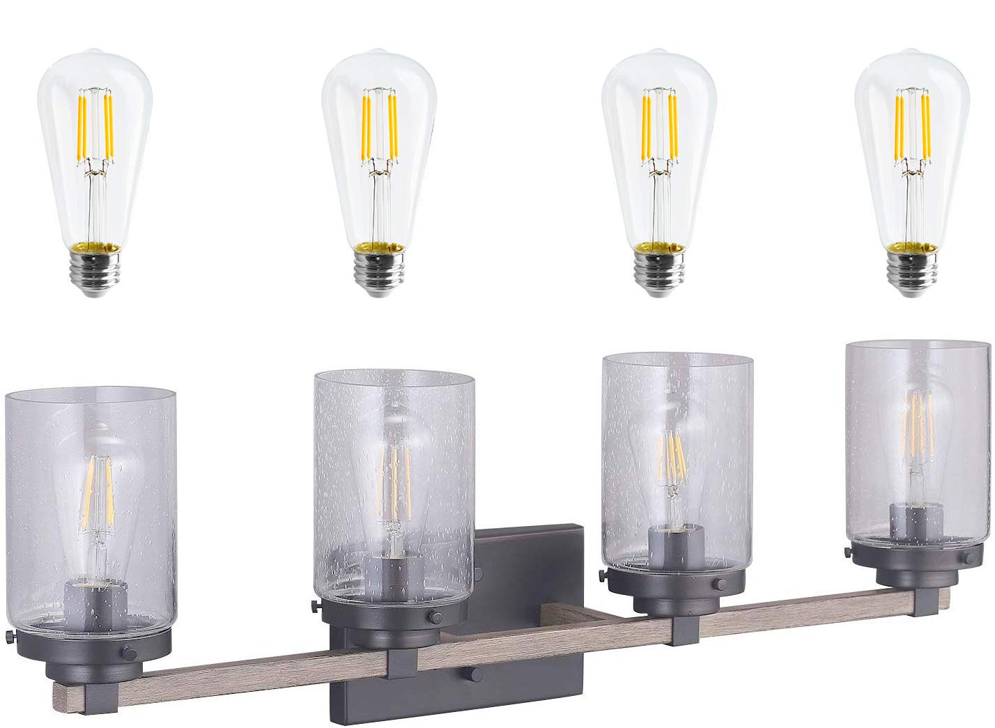 Cloudy Bay Bathroom Vanity Light Fixture,4-Light Wooden Wall Sconce with Bubble Glass Shade,Includes 4 LED Filament Bulbs