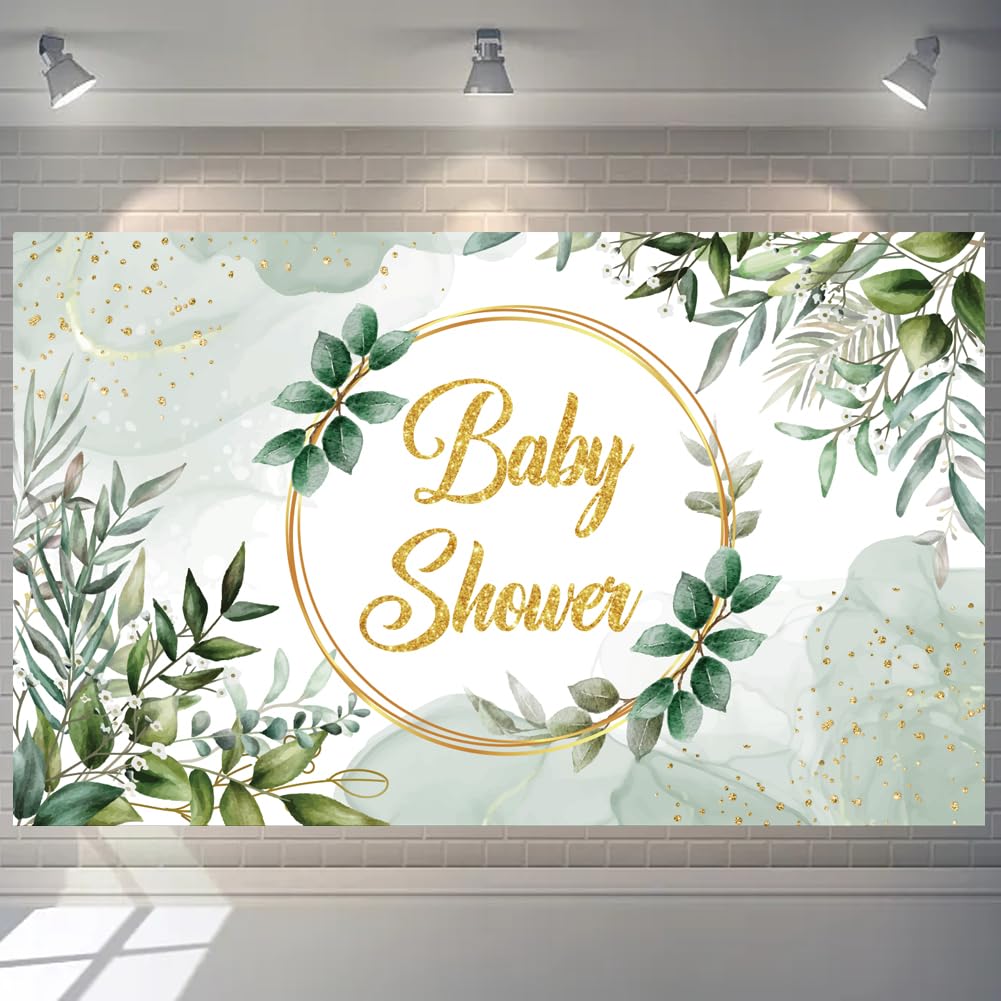 Baby Shower Backdrop Banner 1.8x1.1m Baby Shower Decorations Gold Green Eucalyptus Greenery Leaves Background Newborn Party Decoration Banner Gender Reveal Decoration