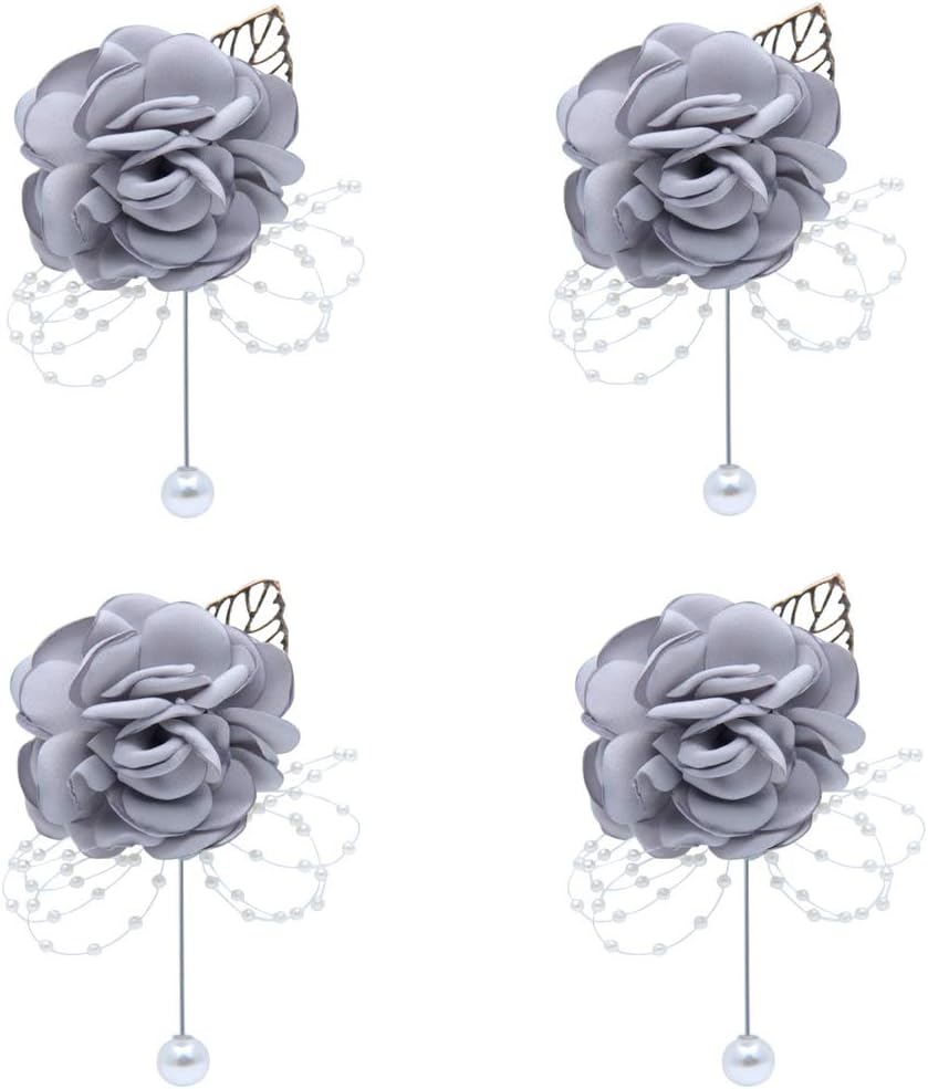 HBEDU Groom Boutonniere Flower Satin Rose Pearl Groomsmen Brooch for Wedding Flowers Party Decoration Pack of 4(Gray)
