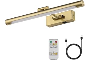 Joosenhouse Wireless Picture Light Battery Operated Rechargeable Picture Light 16.53in with Remote Control Dimmable and Timer Off Adjustable Swing Arm Brass LED Battery Spotlight for Picture Display