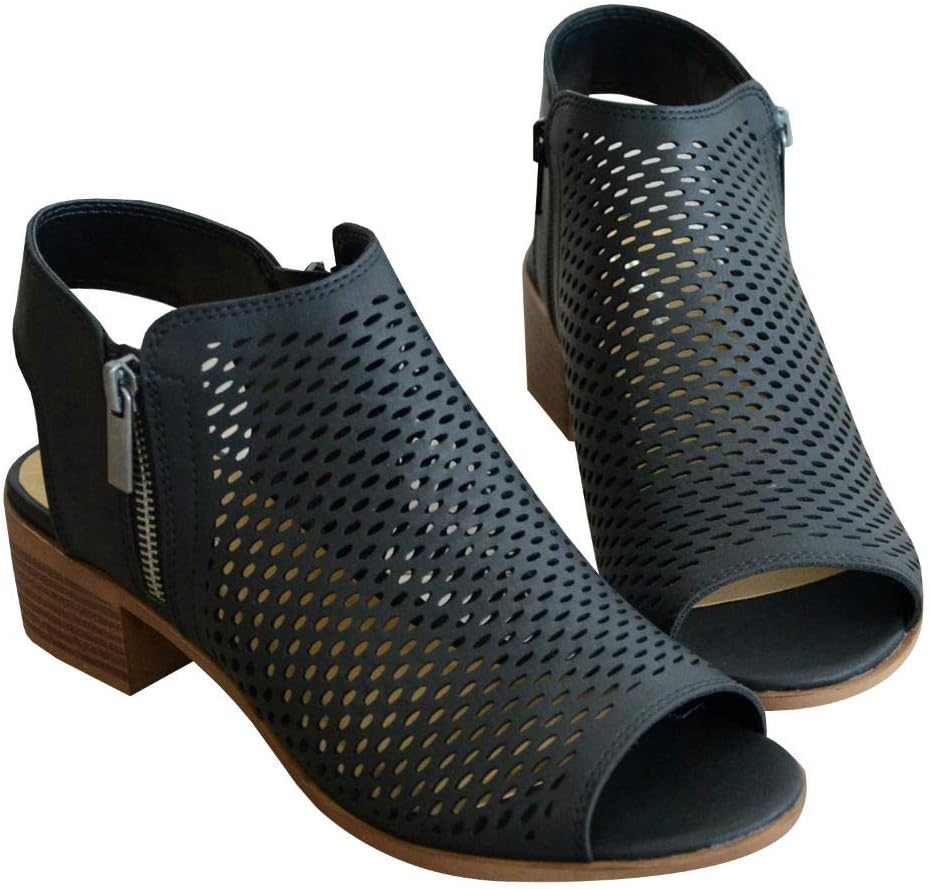 LAICIGO Women’s Perforated Booties Open Toe Stacked Heel Side Zipper Slingback Cutout Summer Sandals