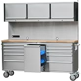 72" Rolling Tool Chest with 11 Drawers +3 Upper Cabinets, Lockable Tool Box | 430 Stainless Steel Tool Cabinet, Wooden Top Mobile Workbench, Practical Pegboard, 6 Blue Storage Bins &amp; Power Strip, Garage