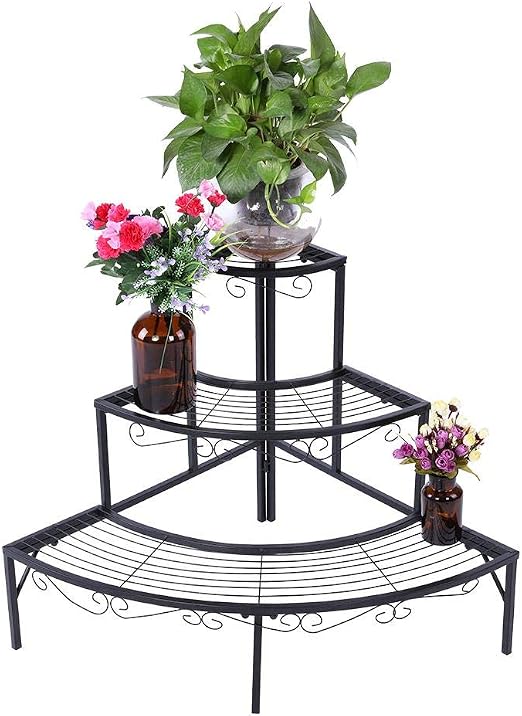 Gototop Corner Plant Stand Outdoor Indoor 3 Tier Black Plant Stand Corner Shelf Metal Flower Pot Storage Rack Garden Planters Display Holder 84x60x60cm Amazon Co Uk Garden Outdoors