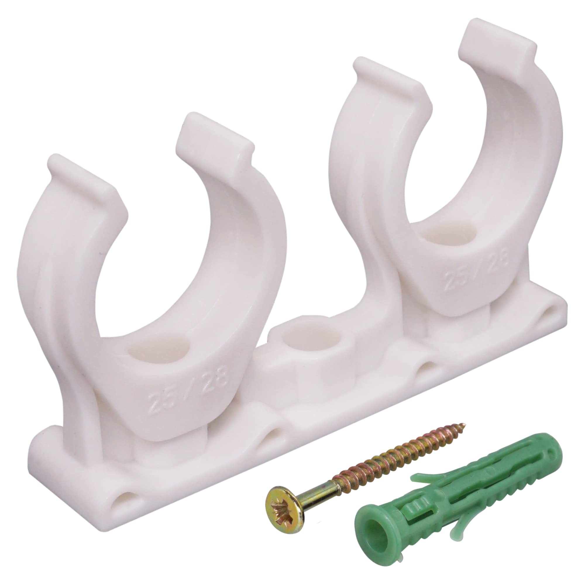 SKIR'CO (20 pcs) Double Pipe Clips, Plastic Clamps for 25-28 mm Pipes, U Type Pipe Clamp, Tubing White Clips, Hose Hangers