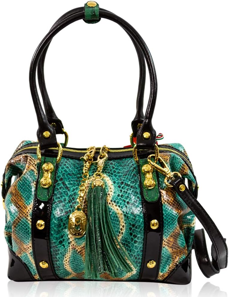 Marino Orlandi Women's Medium Italian Designer Top Handle Handbag Tote Anthracite Python Embossed Leather Bag Crossbody Purse in Box Design with Tassel