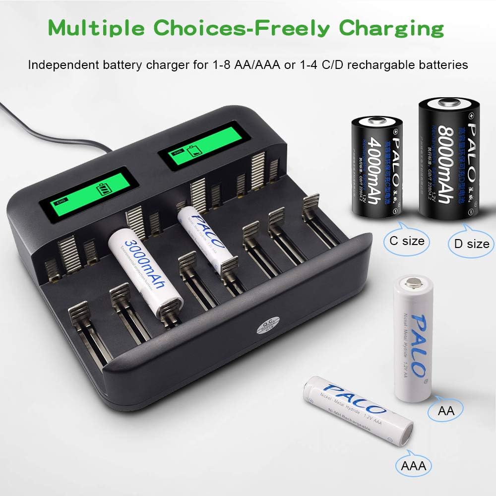 LCD Display Universal Battery Charger,8 Bay Smart Charger for Rechargeable Batteries Ni-MH/Ni-Cd A AA AAA SC C D Batteries with USB Port Type c and Overcharge Prevention Function (No Adapter): Electronics
