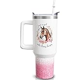 qoepfnsh 40 oz Horse Tumbler with Handle and Straw, Pink Floral Stainless Steel Vacuum Insulated Travel Coffee Mug Cup Water Bottle, Horse Stuff Accessories Decor Gifts for Women Girls
