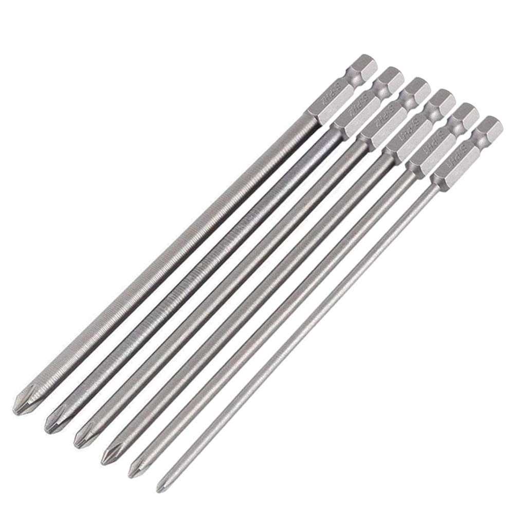 Mesee 6 Pieces 150mm Long Cross Head Screwdriver Bits, Magnetic Phillips Screwdriver Bit Set 1/4 Inch Hex Shank Phillips Driver Bits Tool Accessory for Electric Appliance Furniture Car Bike Repair