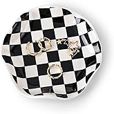Koythin Ceramic Jewelry Tray, Checkered Pattern Aesthetic Decorative Trinket Dish for Rings, Earrings Necklaces Bracelet Watch Holder, Small Key Bowl, Birthday Mother's Day for Women (Black)