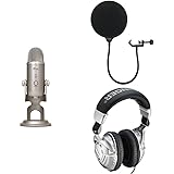 Blue Yeti USB Microphone - Platinum with Dragonpad Pop Filter and Headphones