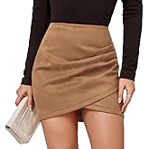 Plustrong Womens High Waisted Ruched Wrap Bodycon Faux Suede Mini Skirt Fall Winter