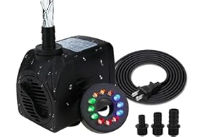 TOPBRY 800 GPH Submersible Fountain Pump (3000L/H, 45W), Ultra Quiet 12 LED Colorful Pump Lights with 3 Nozzles, 6 Feet Power Cord for Fish Tank, Pond, Aquarium, Statuary, Hydroponics